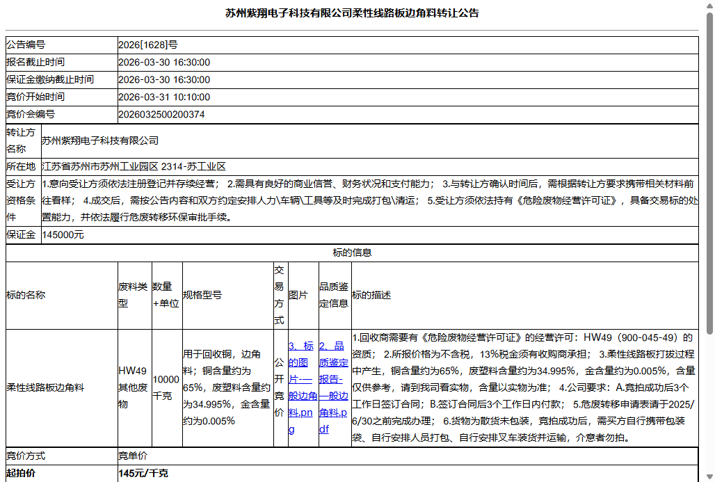 苏州紫翔电子科技有限公司柔性线路板边角料转让公告