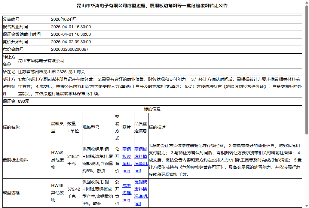 昆山市华涛电子有限公司成型边框、覆铜板边角料等一批危险废料转让公告