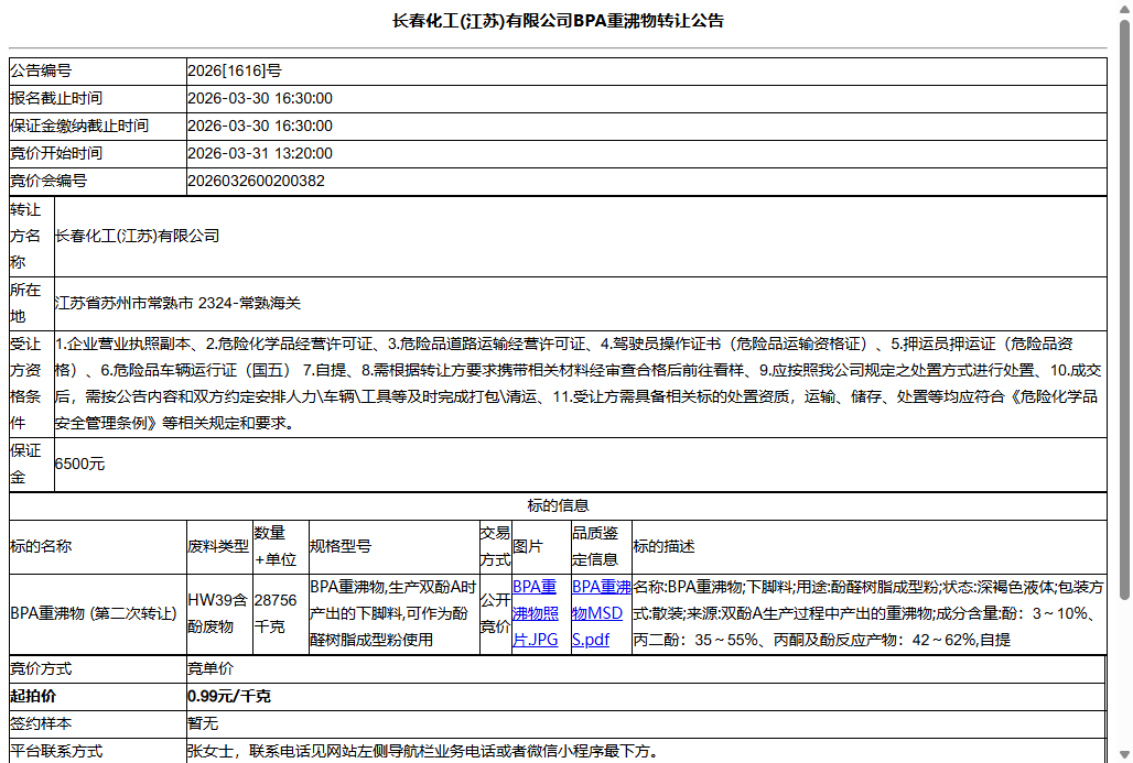 长春化工(江苏)有限公司BPA重沸物转让公告