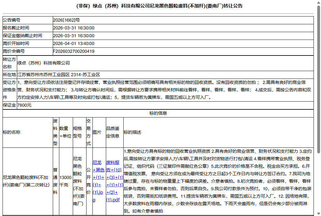 （非保）绿点（苏州）科技有限公司尼龙黑色颗粒废料(不加纤)(娄南厂)转让公告