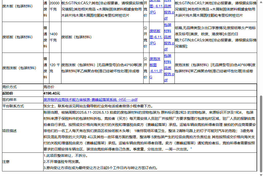 赛峰起落架系统（苏州）有限公司废木板（包装材料）、废纸板（包装材料）等一批普通废料转让公告