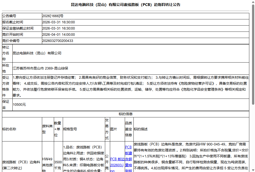昆达电脑科技（昆山）有限公司废线路板（PCB）边角料转让公告