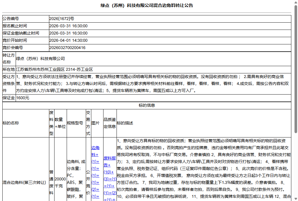 绿点（苏州）科技有限公司混合边角料转让公告