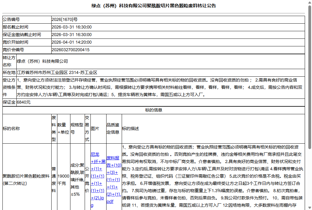绿点（苏州）科技有限公司聚酰胺切片黑色颗粒废料转让公告