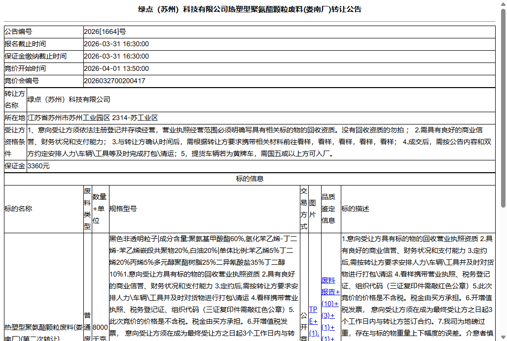 绿点（苏州）科技有限公司热塑型聚氨酯颗粒废料(娄南厂)转让公告