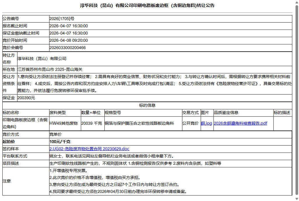 淳华科技（昆山）有限公司印刷电路板废边框（含铜边角料)转让公告