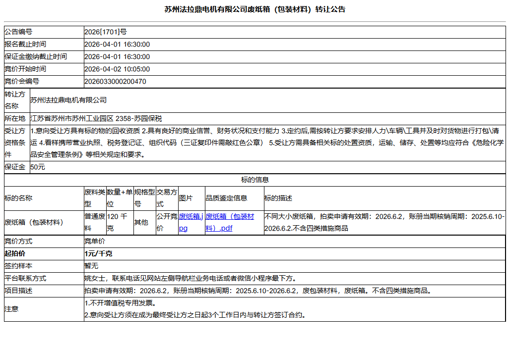 苏州法拉鼎电机有限公司废纸箱（包装材料）转让公告