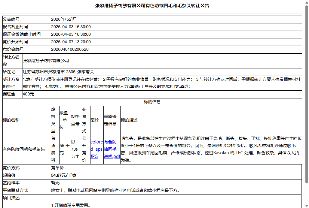 张家港扬子纺纱有限公司有色防缩回毛和毛条头转让公告
