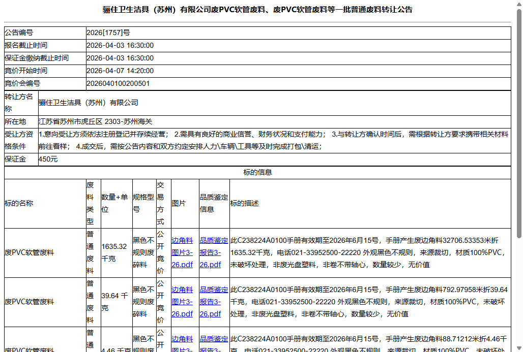 骊住卫生洁具（苏州）有限公司废PVC软管废料、废PVC软管废料等一批普通废料转让公告