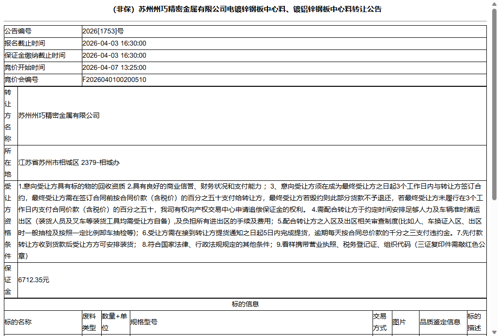（非保）苏州州巧精密金属有限公司电镀锌钢板中心料、镀铝锌钢板中心料转让公告