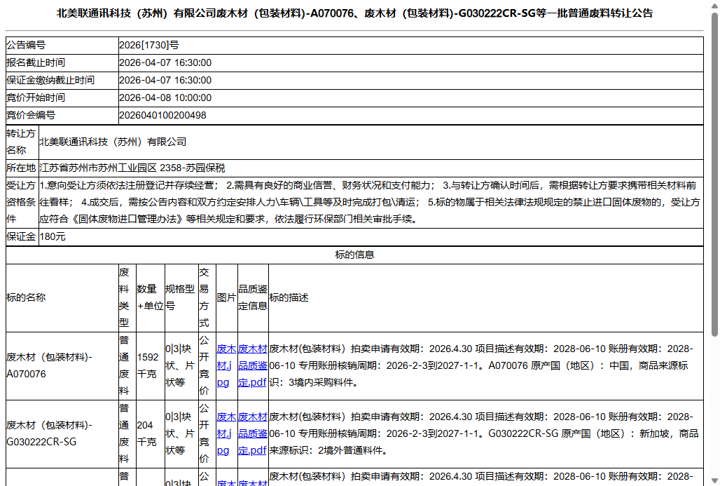 北美联通讯科技（苏州）有限公司废木材（包装材料)-A070076、废木材（包装材料)-G030222CR-SG等一批普通废料转让公告