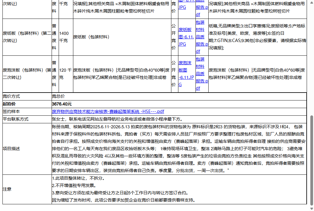 赛峰起落架系统（苏州）有限公司废木板（包装材料）、废纸板（包装材料）等一批普通废料转让公告