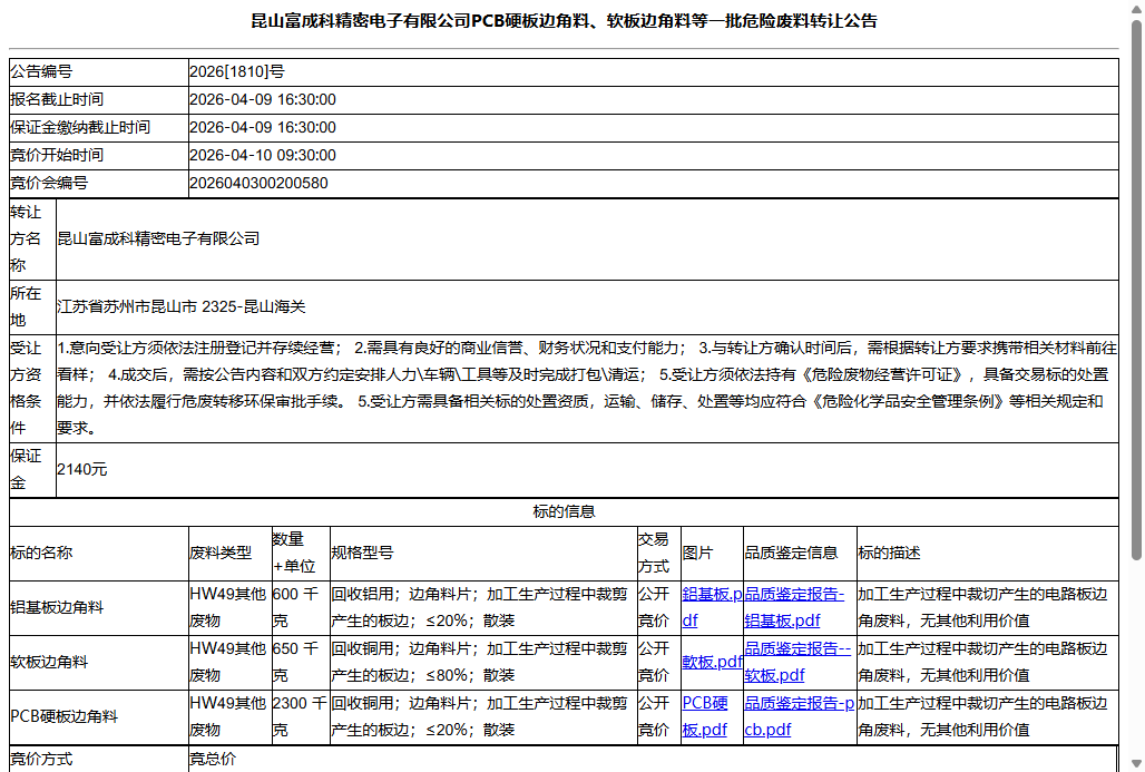 昆山富成科精密电子有限公司PCB硬板边角料、软板边角料等一批危险废料转让公告