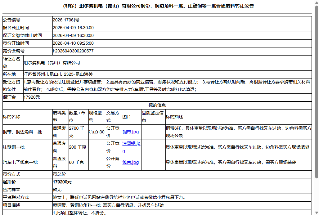 （非保）珀尔曼机电（昆山）有限公司铜带，铜边角料一批、注塑铜等一批普通废料转让公告