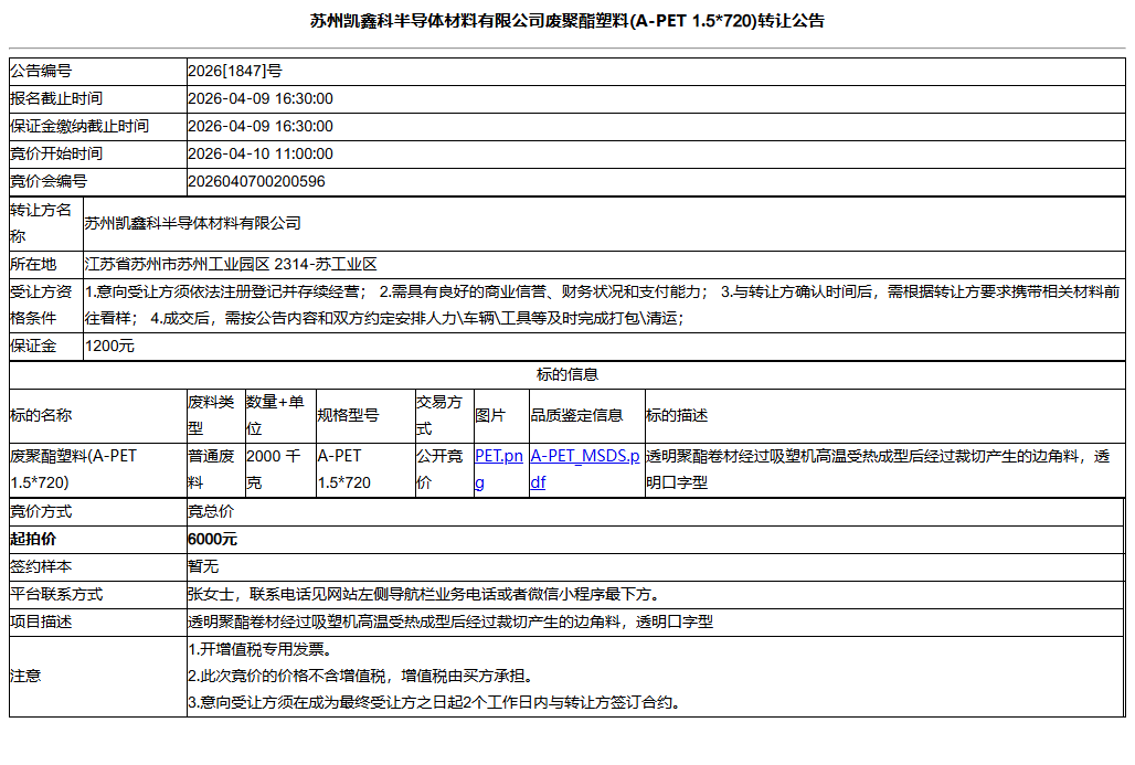 苏州凯鑫科半导体材料有限公司废聚酯塑料(A-PET 1.5*720)转让公告