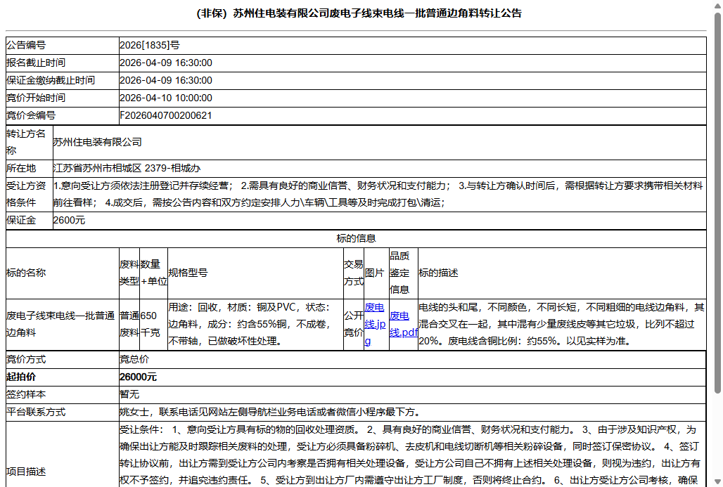 （非保）苏州住电装有限公司废电子线束电线一批普通边角料转让公告