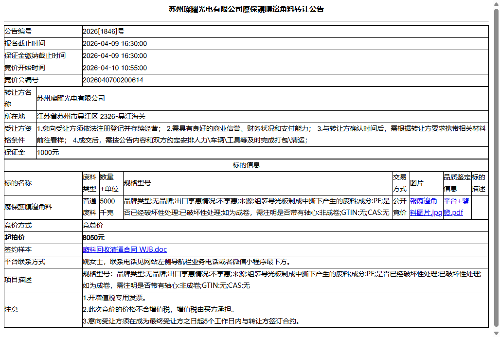 苏州璨曜光电有限公司廢保護膜邊角料转让公告