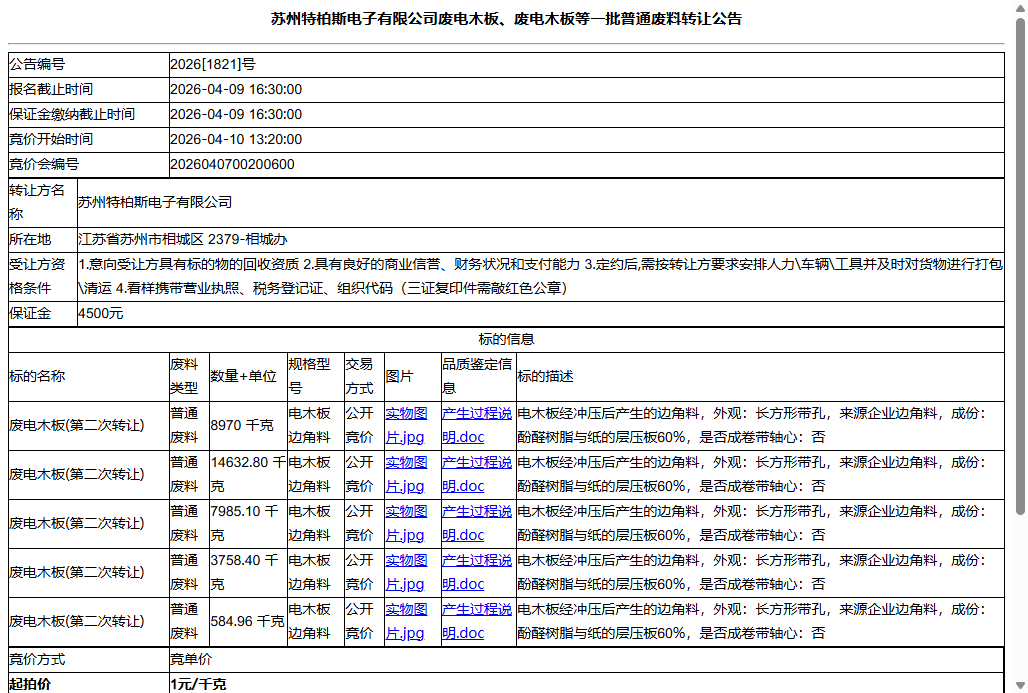 苏州特柏斯电子有限公司废电木板、废电木板等一批普通废料转让公告