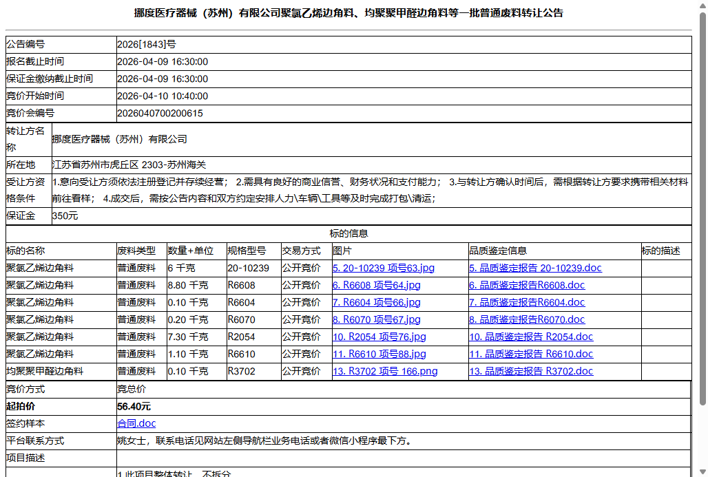 挪度医疗器械（苏州）有限公司聚氯乙烯边角料、均聚聚甲醛边角料等一批普通废料转让公告