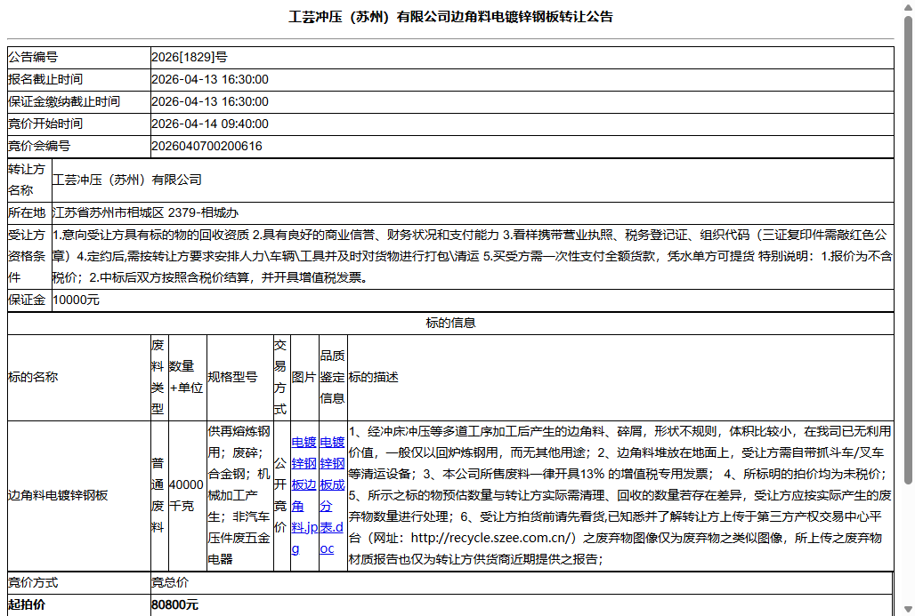 工芸冲压（苏州）有限公司边角料电镀锌钢板转让公告