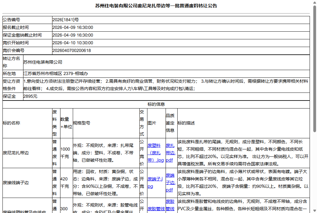 苏州住电装有限公司废尼龙扎带边等一批普通废料转让公告