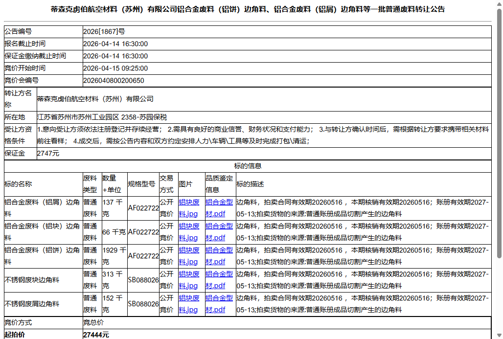 蒂森克虏伯航空材料（苏州）有限公司铝合金废料（铝饼）边角料、铝合金废料（铝屑）边角料等一批普通废料转让公告