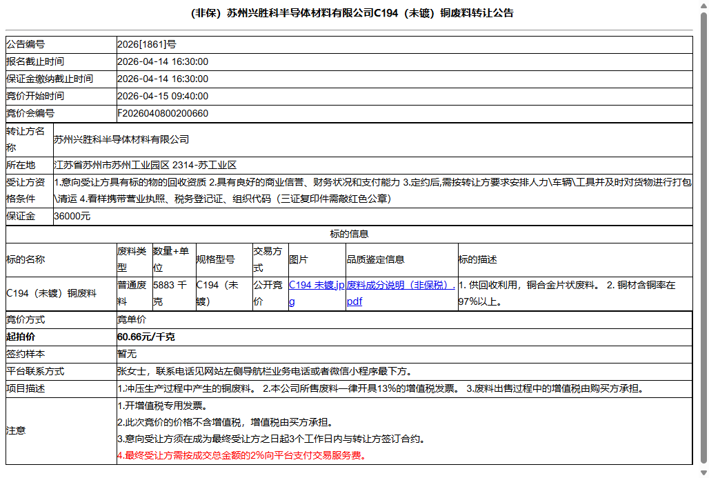 （非保）苏州兴胜科半导体材料有限公司C194（未镀）铜废料转让公告