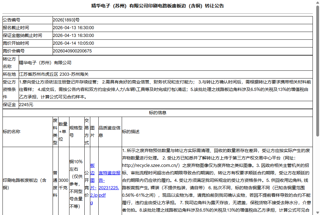 精华电子（苏州）有限公司印刷电路板废板边（含铜）转让公告