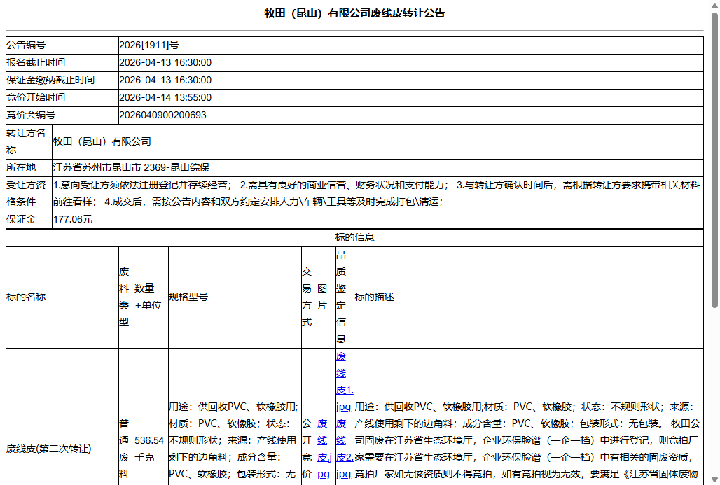 牧田（昆山）有限公司废线皮转让公告