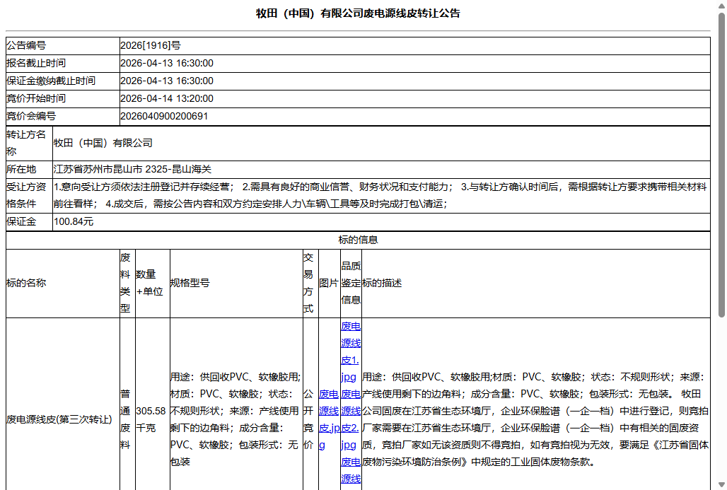 牧田（中国）有限公司废电源线皮转让公告