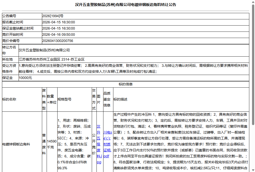 汉升五金塑胶制品(苏州)有限公司电镀锌钢板边角料转让公告
