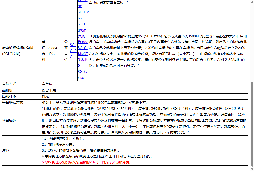 （非保）嘉彰科技(苏州)有限公司废电镀锌钢边角料（SECC片料)、废电镀铝锌钢边角料(SGLC片料）转让公告