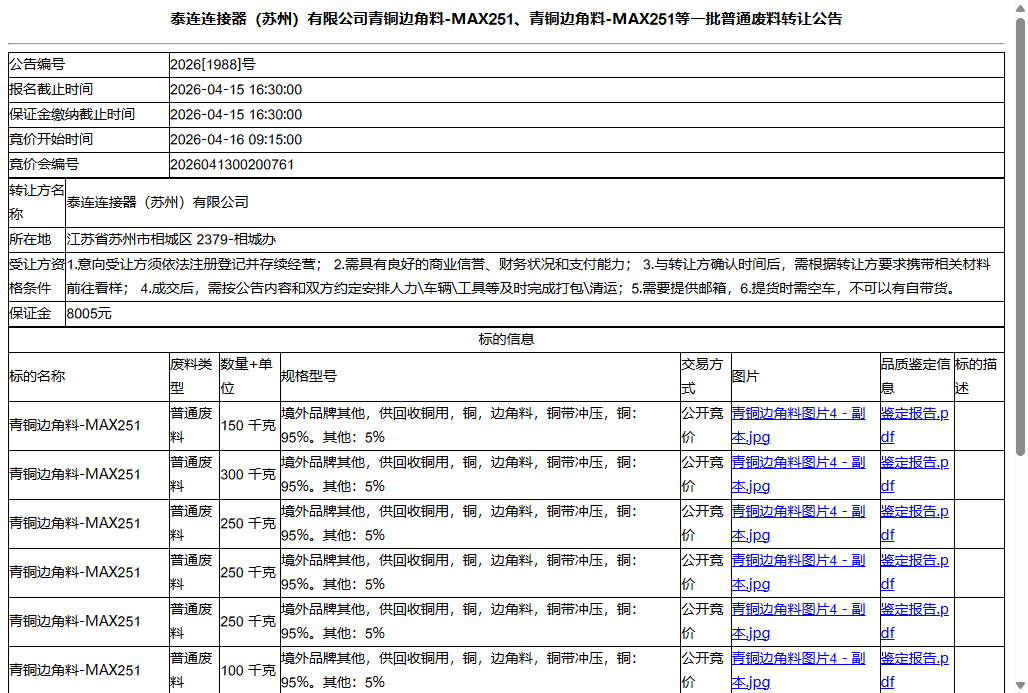 泰连连接器（苏州）有限公司青铜边角料-MAX251、青铜边角料-MAX251等一批普通废料转让公告