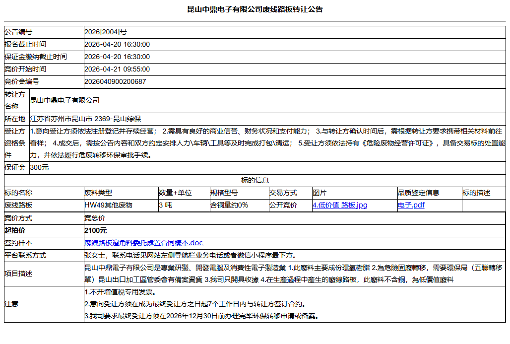 昆山中鼎电子有限公司废线路板转让公告