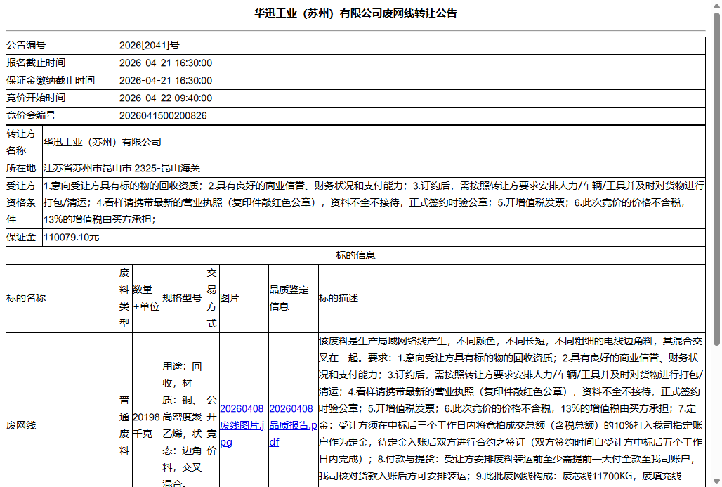 华迅工业（苏州）有限公司废网线转让公告