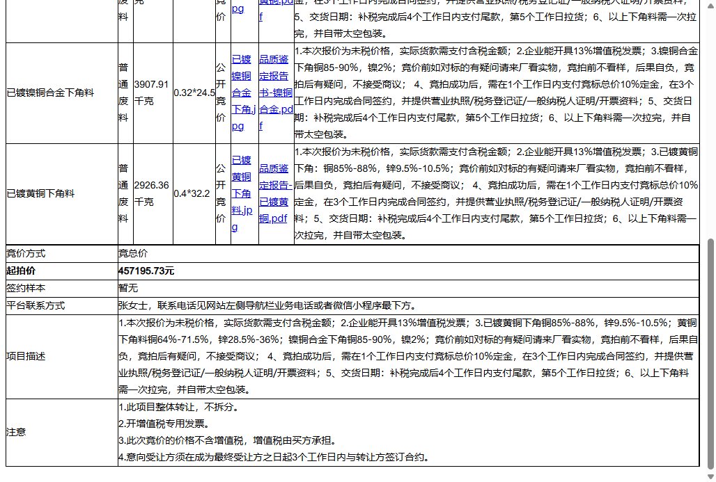 昆山晋基精密机械模具有限公司已镀镍铜合金下角料、已镀黄铜下角料等一批普通废料转让公告