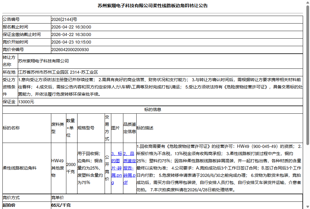 苏州紫翔电子科技有限公司柔性线路板边角料转让公告