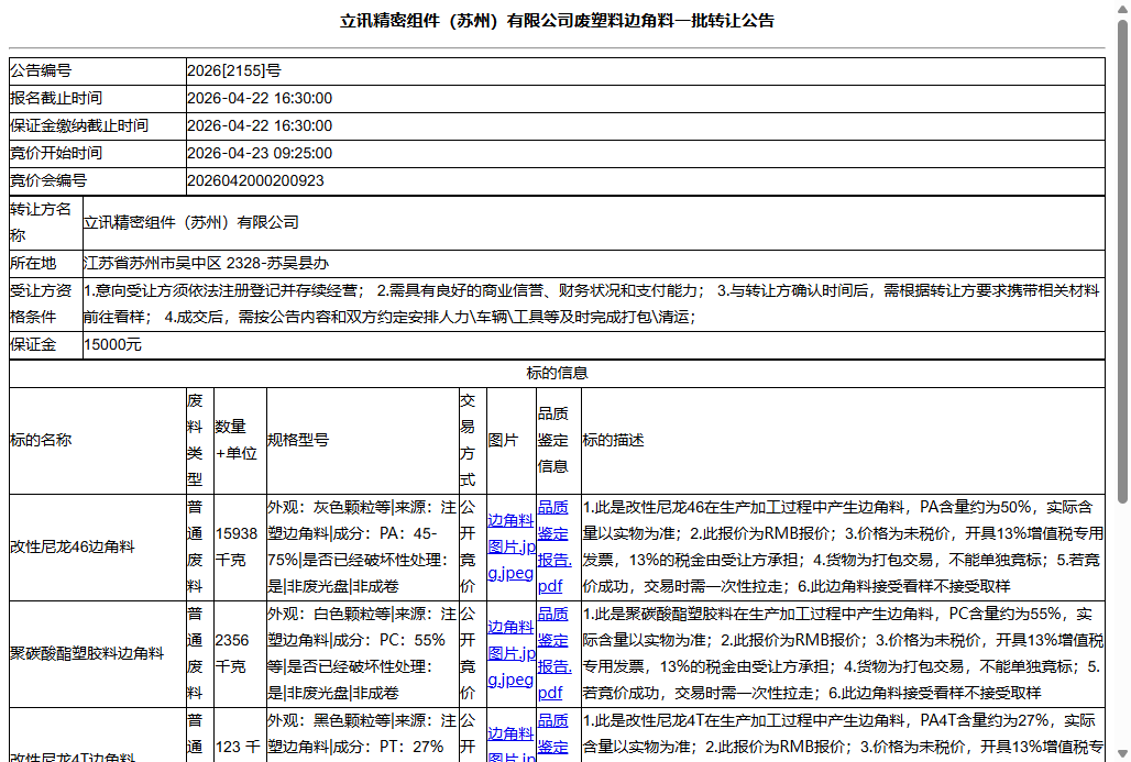 立讯精密组件（苏州）有限公司废塑料边角料一批转让公告