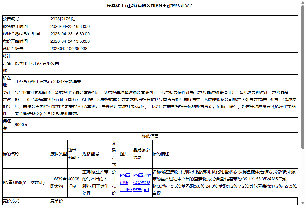 长春化工(江苏)有限公司PN重沸物转让公告