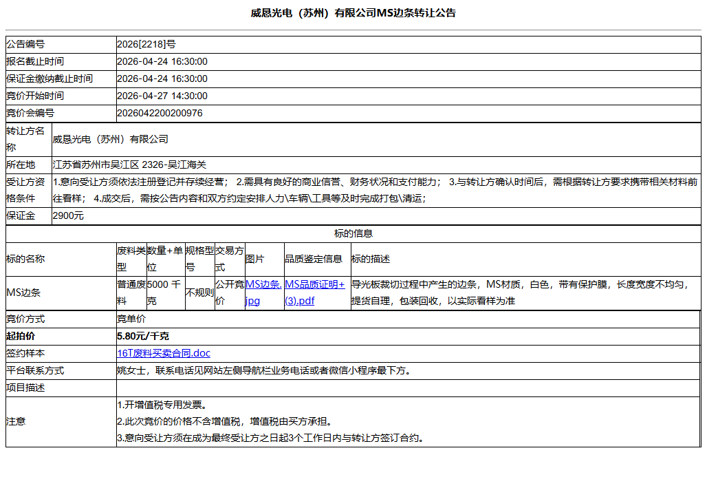 威恳光电（苏州）有限公司MS边条转让公告