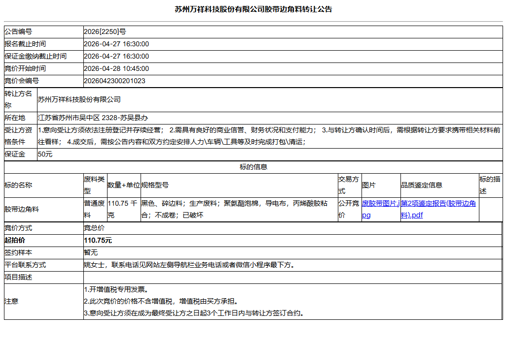苏州万祥科技股份有限公司胶带边角料转让公告