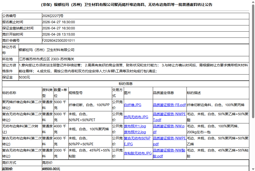 （非保）银都拉玛（苏州）卫生材料有限公司聚丙烯纤维边角料、无纺布边角料等一批普通废料转让公告