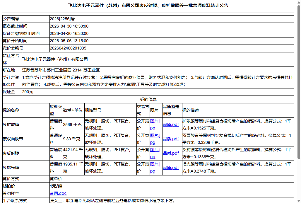 飞比达电子元器件（苏州）有限公司废反射膜、废扩散膜等一批普通废料转让公告