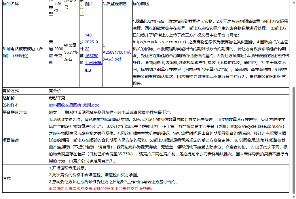 （非保）精华电子（苏州）有限公司芜湖分公司印刷电路板废板边（含铜）（非保税）转让公告