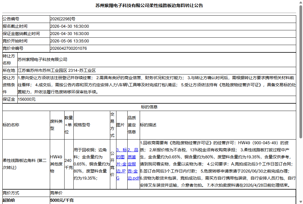 苏州紫翔电子科技有限公司柔性线路板边角料转让公告