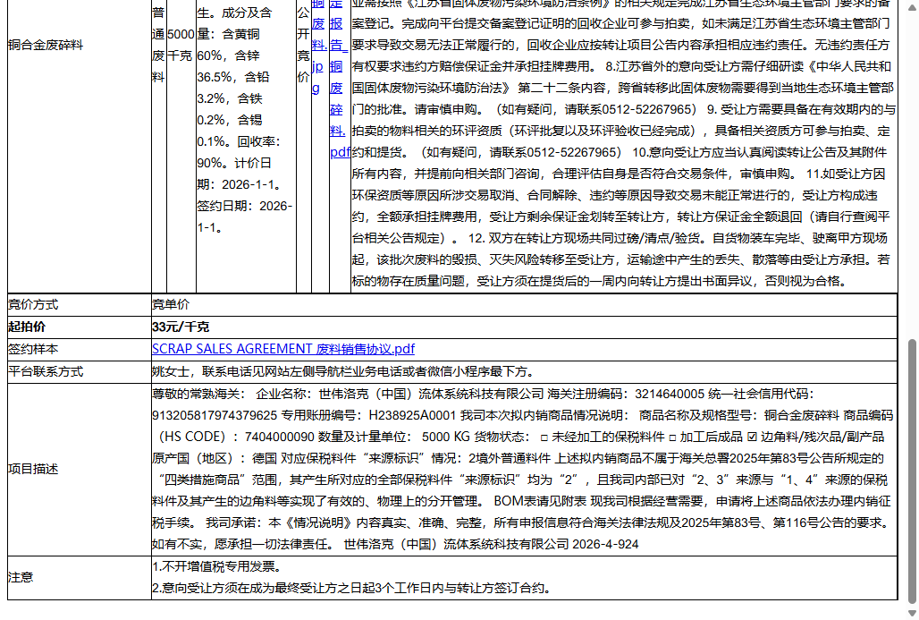 世伟洛克（中国）流体系统科技有限公司铜合金废碎料转让公告