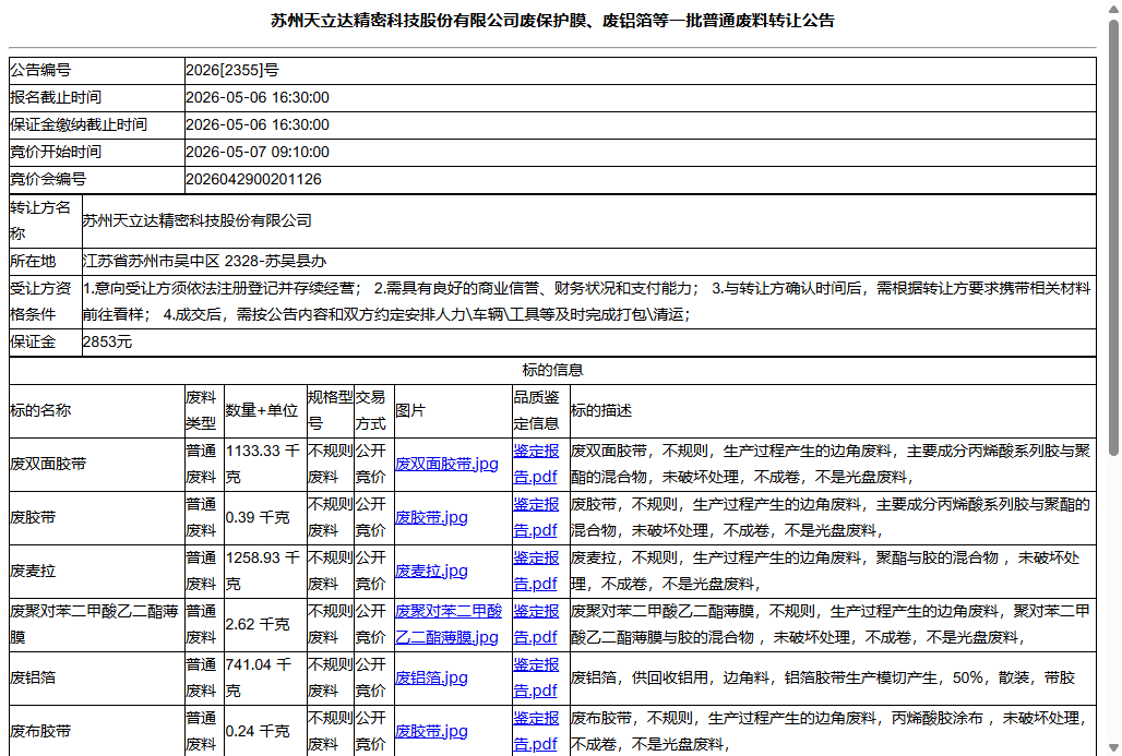 苏州天立达精密科技股份有限公司废保护膜、废铝箔等一批普通废料转让公告