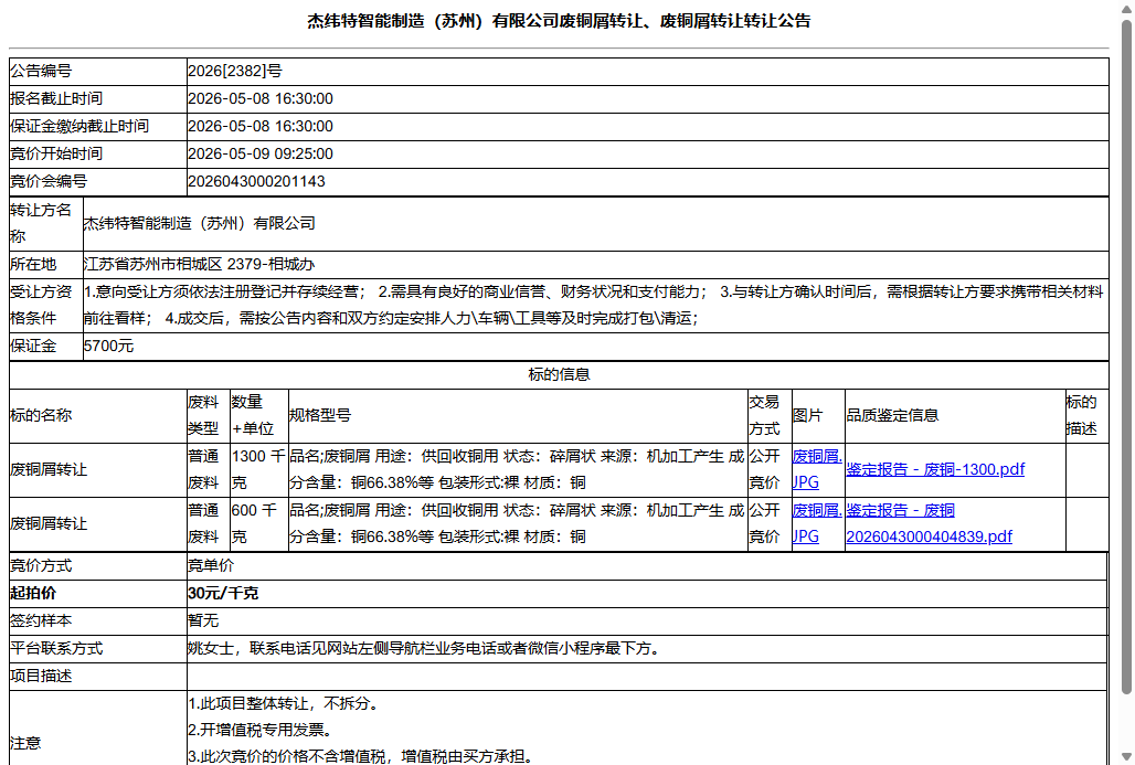 杰纬特智能制造（苏州）有限公司废铜屑转让、废铜屑转让转让公告