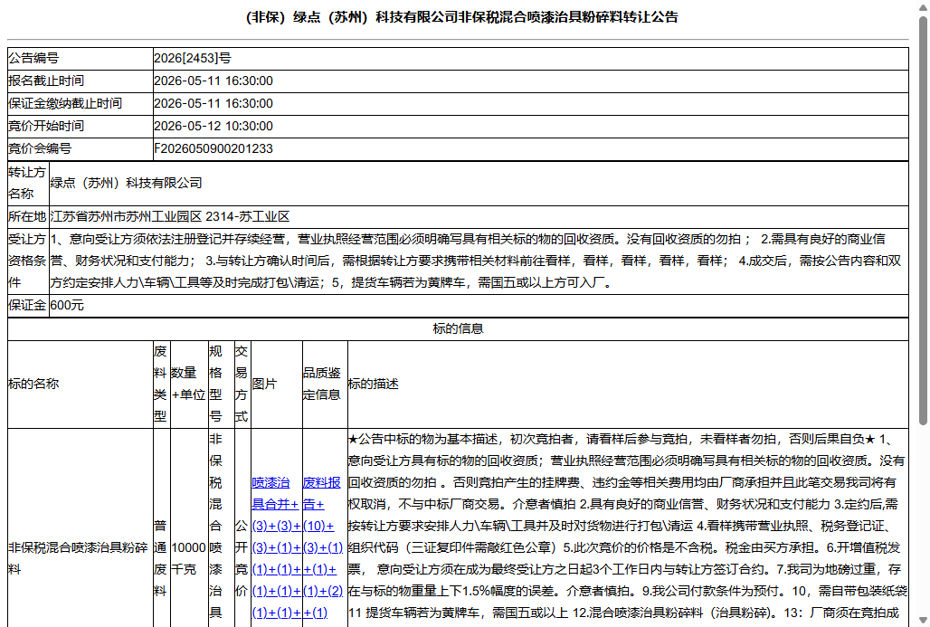 （非保）绿点（苏州）科技有限公司非保税混合喷漆治具粉碎料转让公告