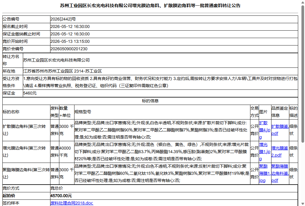 苏州工业园区长宏光电科技有限公司增光膜边角料、扩散膜边角料等一批普通废料转让公告